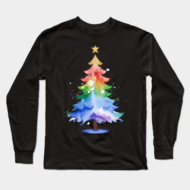 Gradient Watercolor Rainbow Christmas Tree Gay Pride T-Shirt Long Sleeve T-Shirt by Gold Dust Publishing